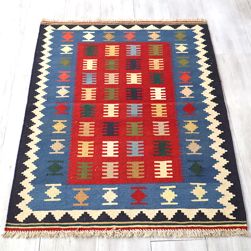 キリム・カシュカイ族の手織りキリム152×104cm レッド＆ブルー　櫛のモチーフ