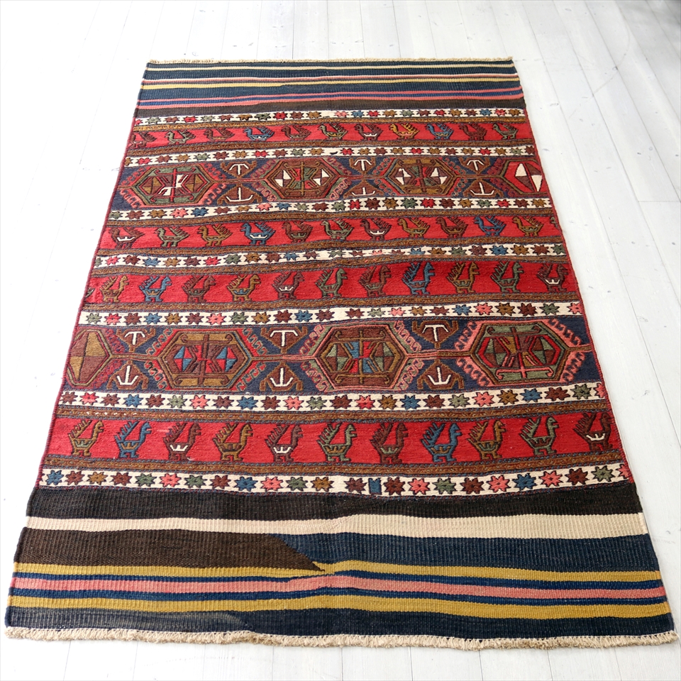 オールドキリム・シャーサバン195x113cmマフラッシュを開いた装飾的なキリム/ピーコックの行列スマック織り