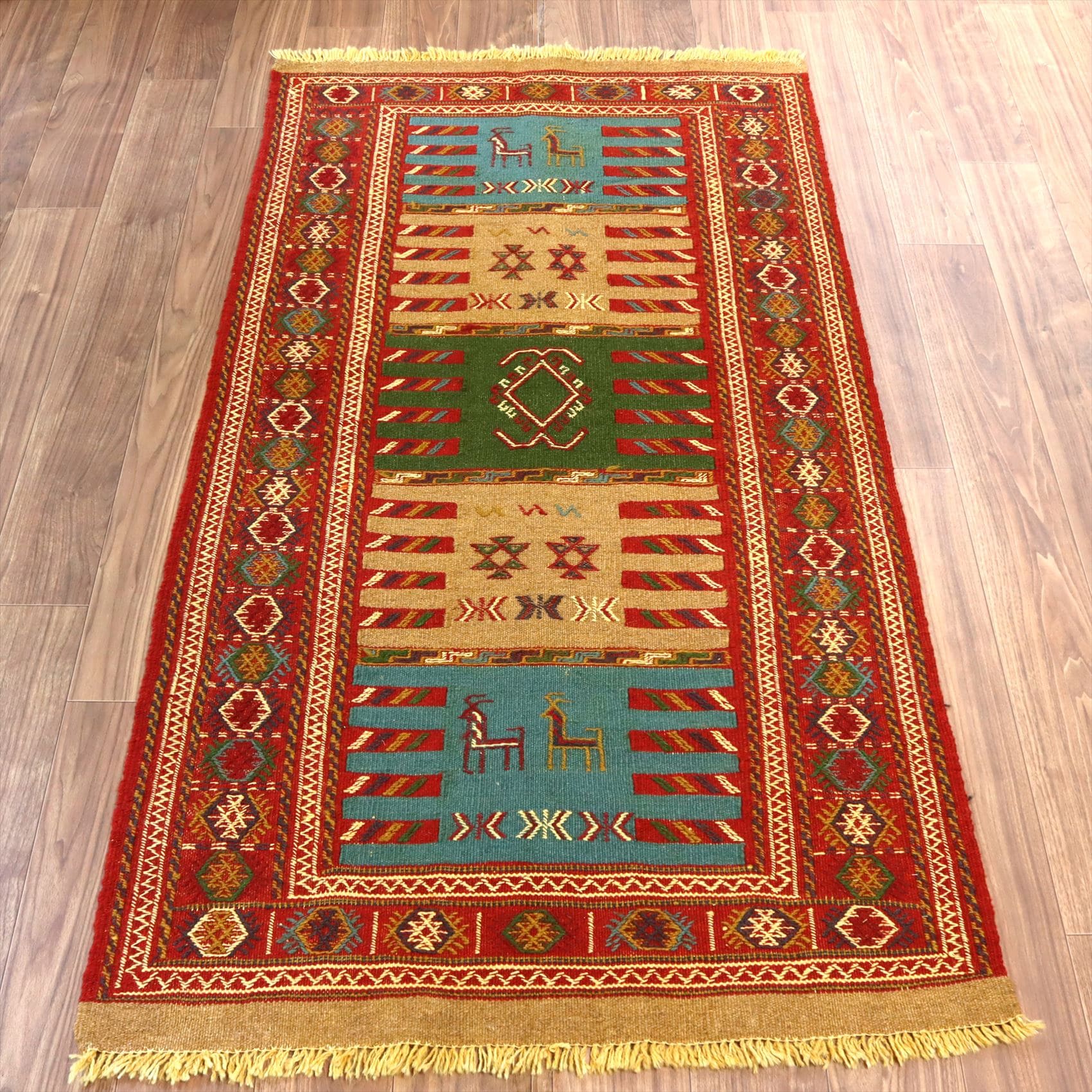 東イランの素朴な手織りキリム　グチャン 191x105cm シカと幾何学模様