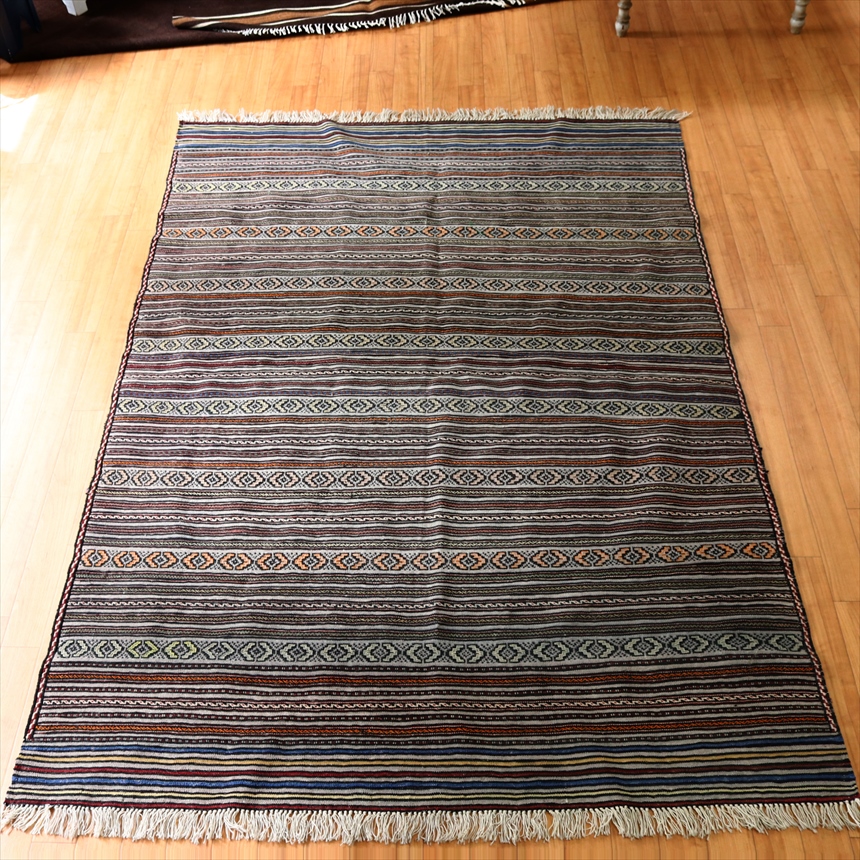 手織りウールキリム　細かな織りのストライプ201×139cm グレー　アフガンキリム