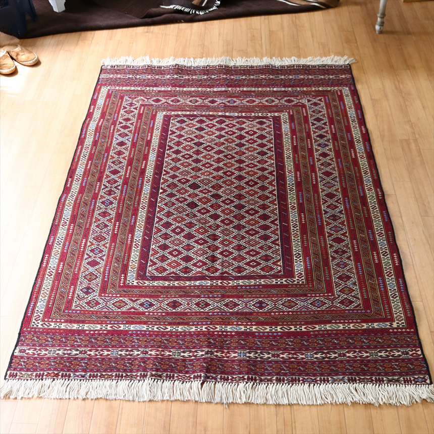 手織りキリム　スマック織り　緻密な幾何学モチーフ170×126cm アフガンキリム