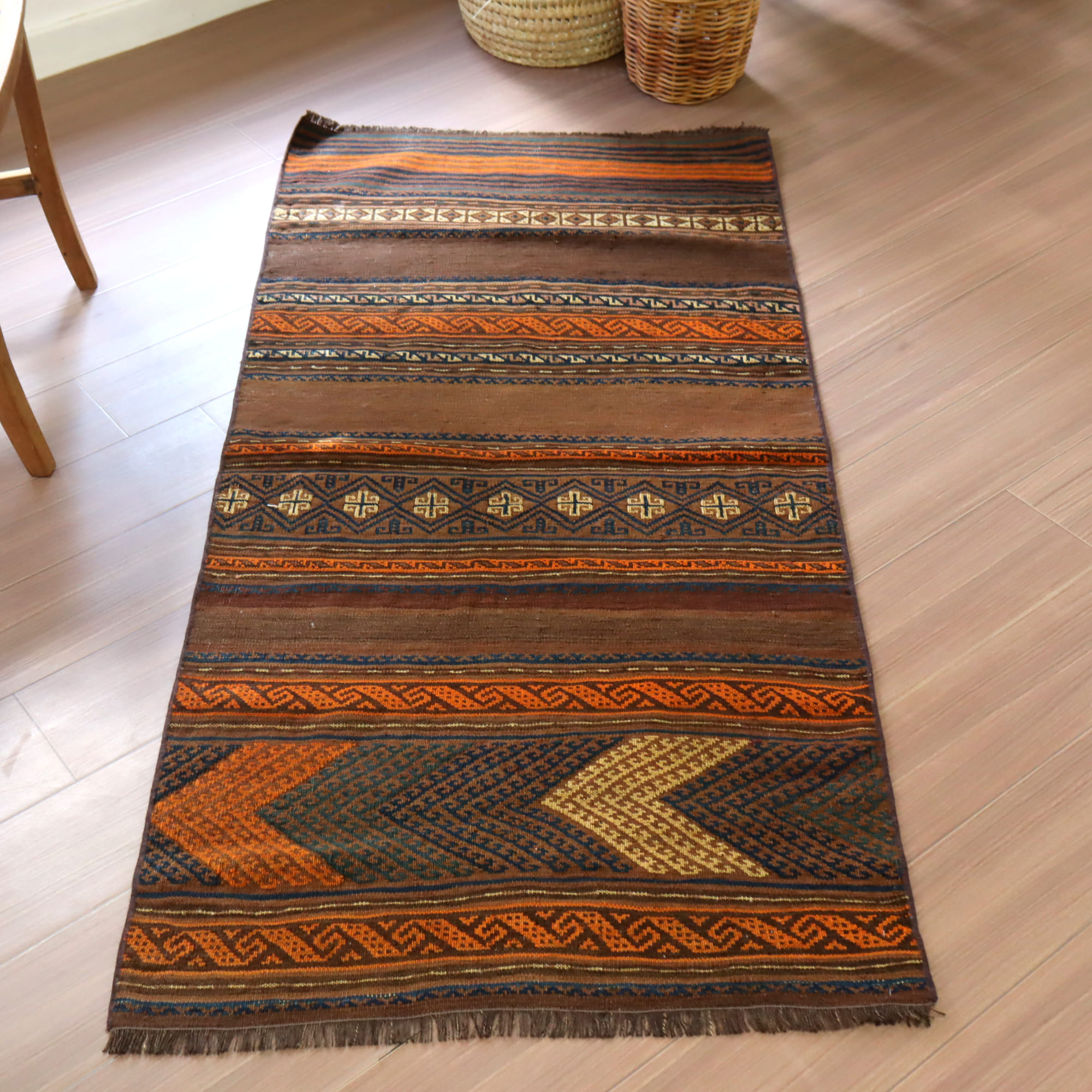 オールドキリム　バルーチ154×77cm キャメルブラウン　細かなスザンニ織りの幾何学モチーフ
