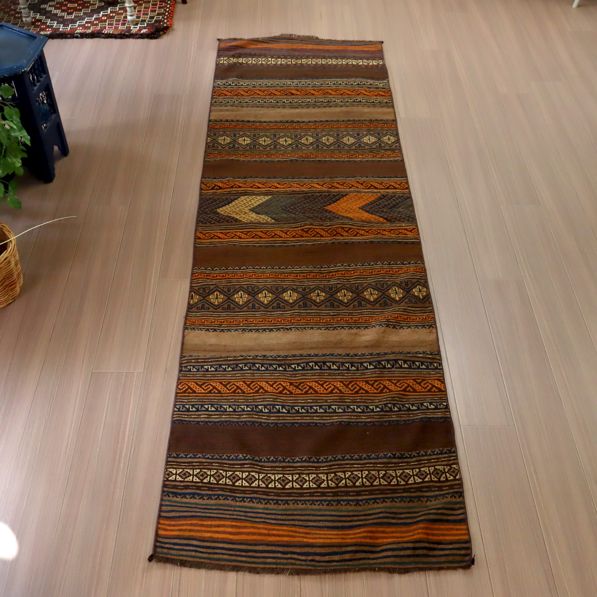 オールドキリム　バルーチ273×79cm キャメルブラウン　細かなスザンニ織りの幾何学モチーフ