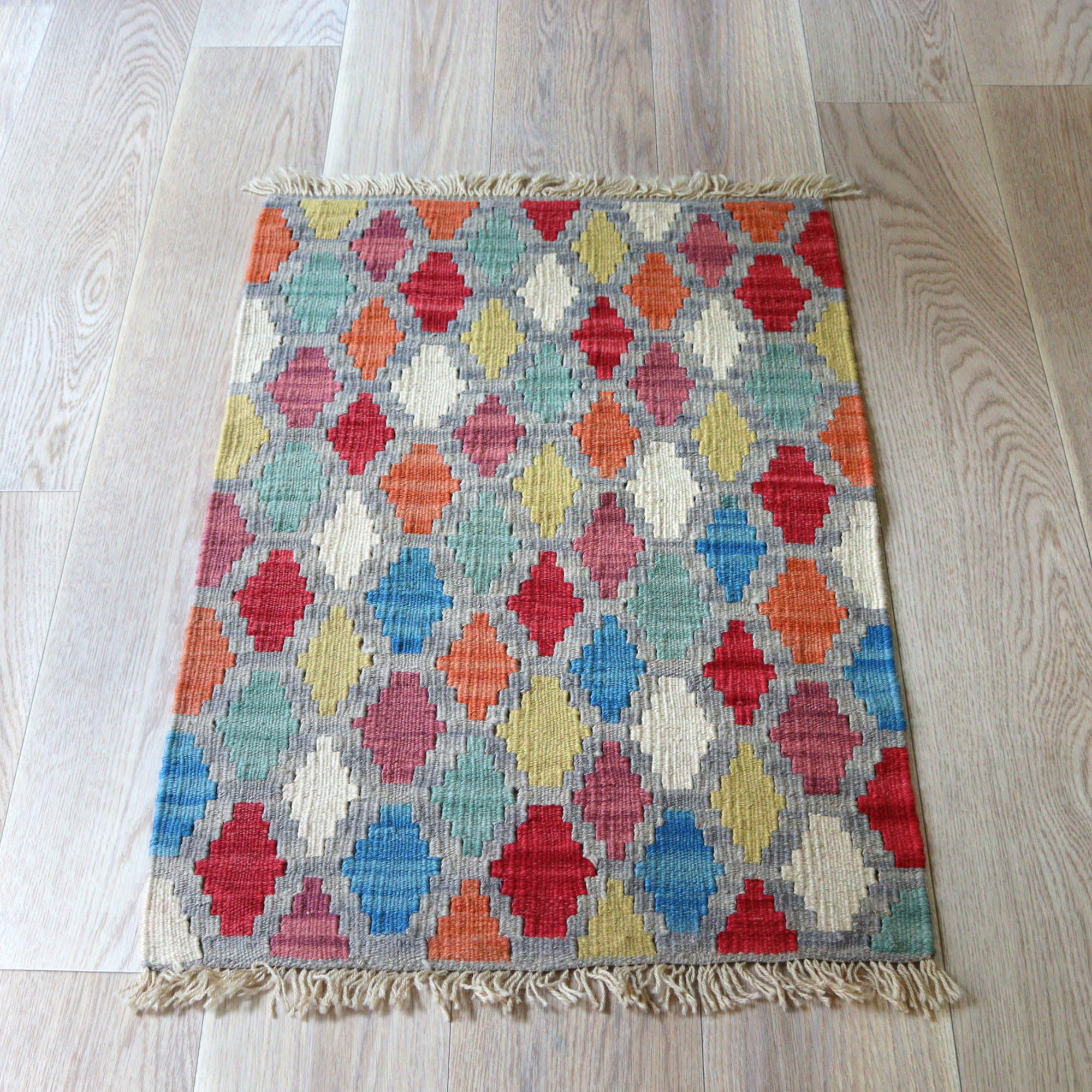 【15%OFF】カシュカイキリム イラン 手織り93×60cm カラフルな幾何学モチーフ