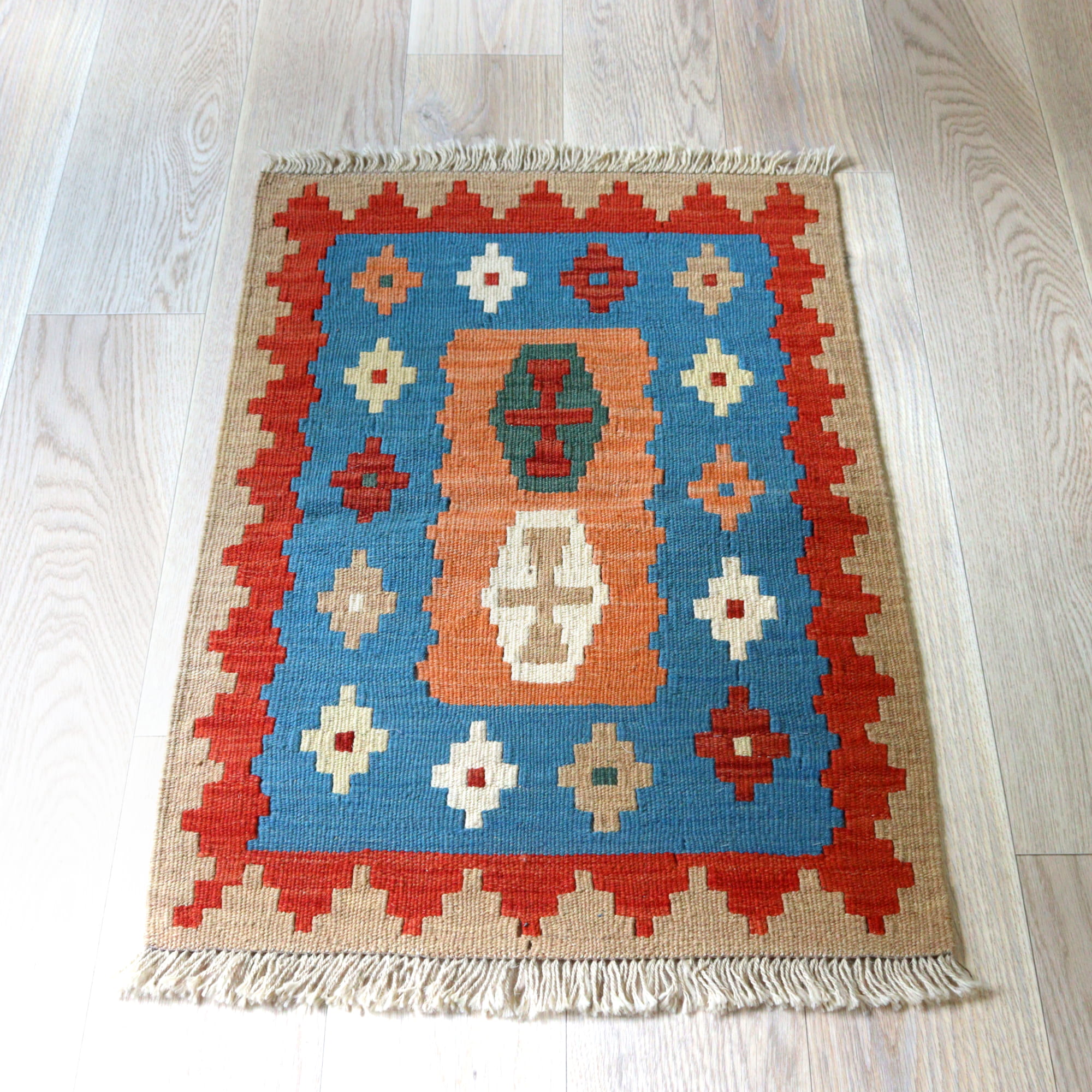 【15%OFF】カシュカイキリム イラン 手織り92×64cm カラフルな幾何学モチーフ