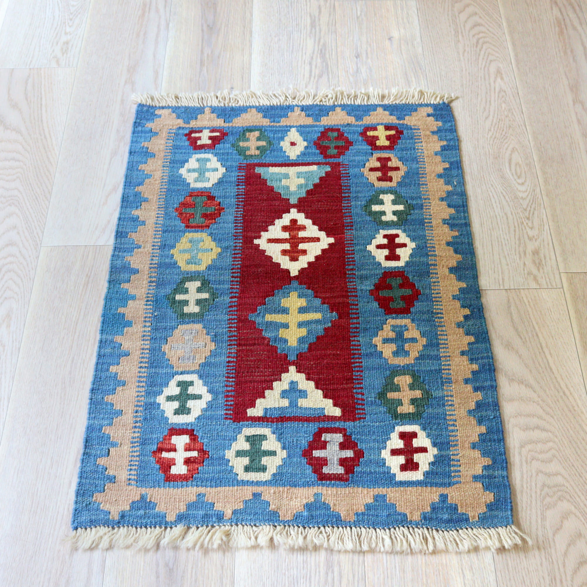 【15%OFF】カシュカイキリム イラン 手織り91×64cm カラフルな幾何学モチーフ