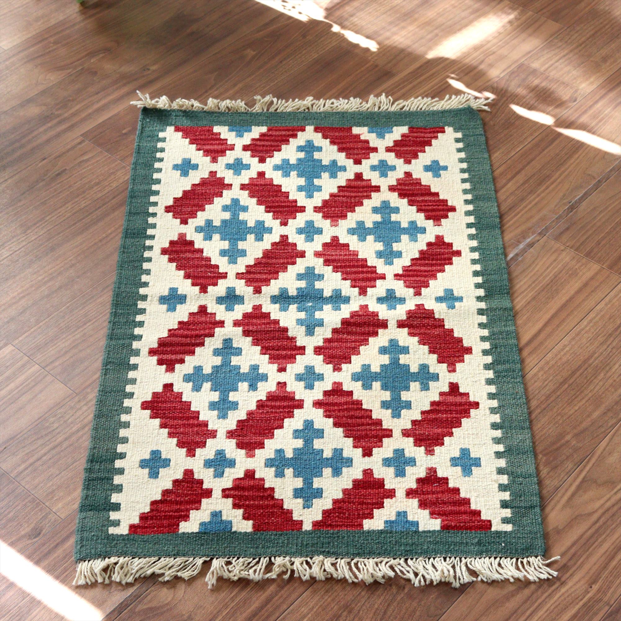 手織りキリム イラン シラーズ94×61cm カラフルな幾何学モチーフ