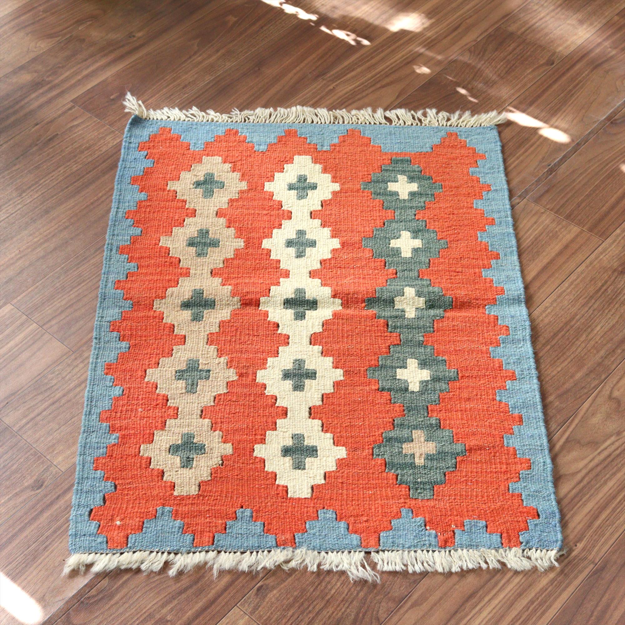 手織りキリム イラン シラーズ87×65cm カラフルな幾何学モチーフ