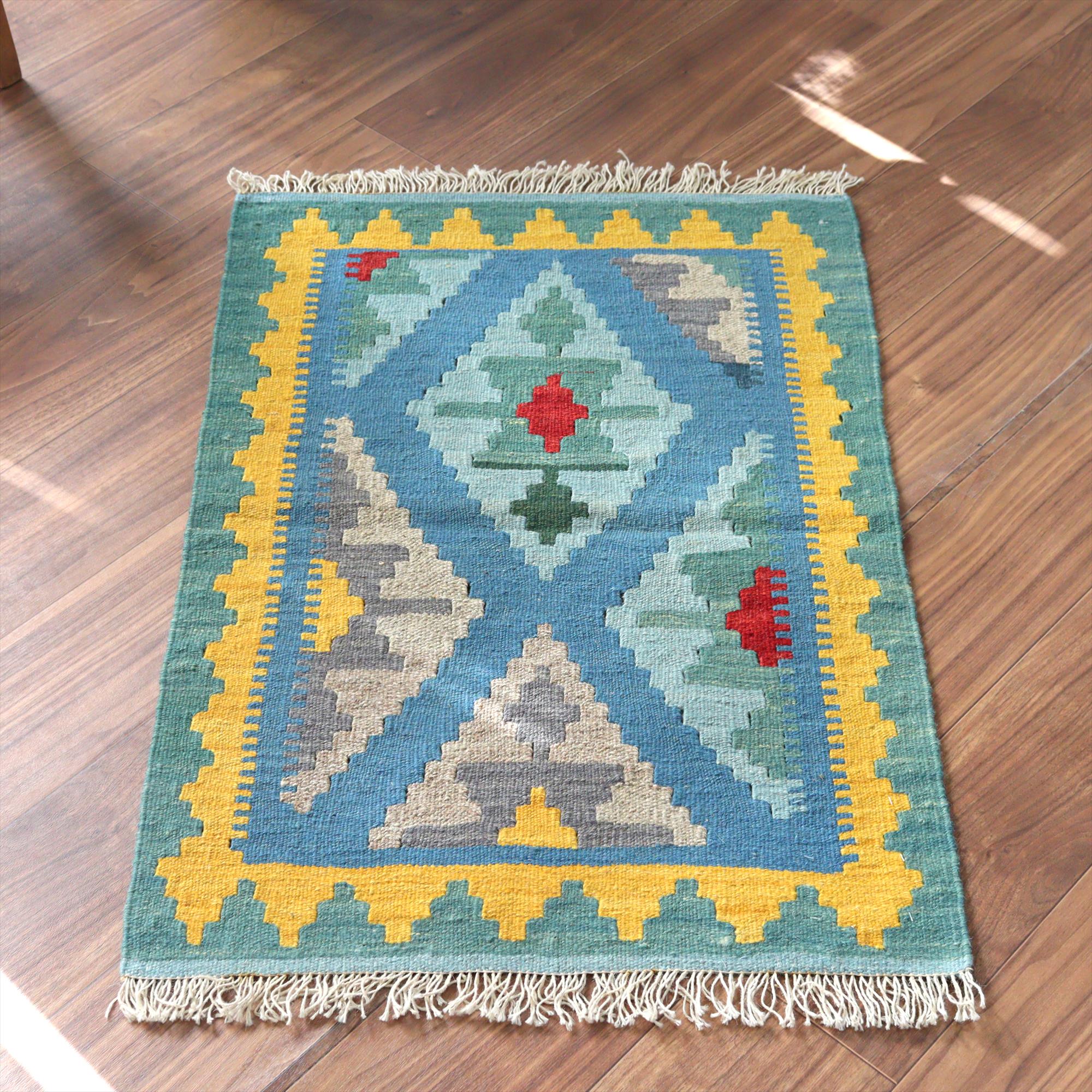 手織りキリム イラン シラーズ90×60cm カラフルな幾何学モチーフ