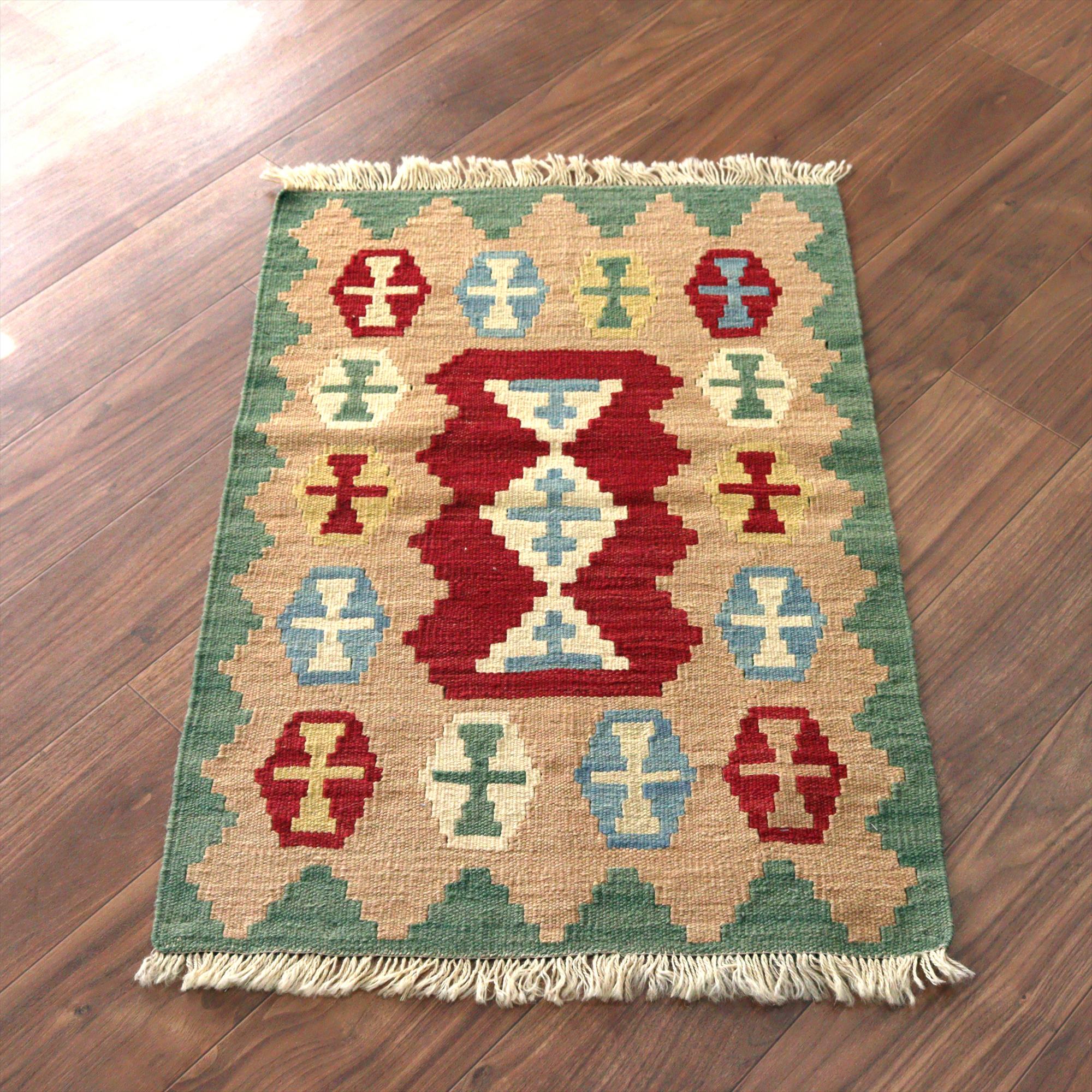 カシュカイキリム イラン 手織り89×61cm カラフルな幾何学モチーフ