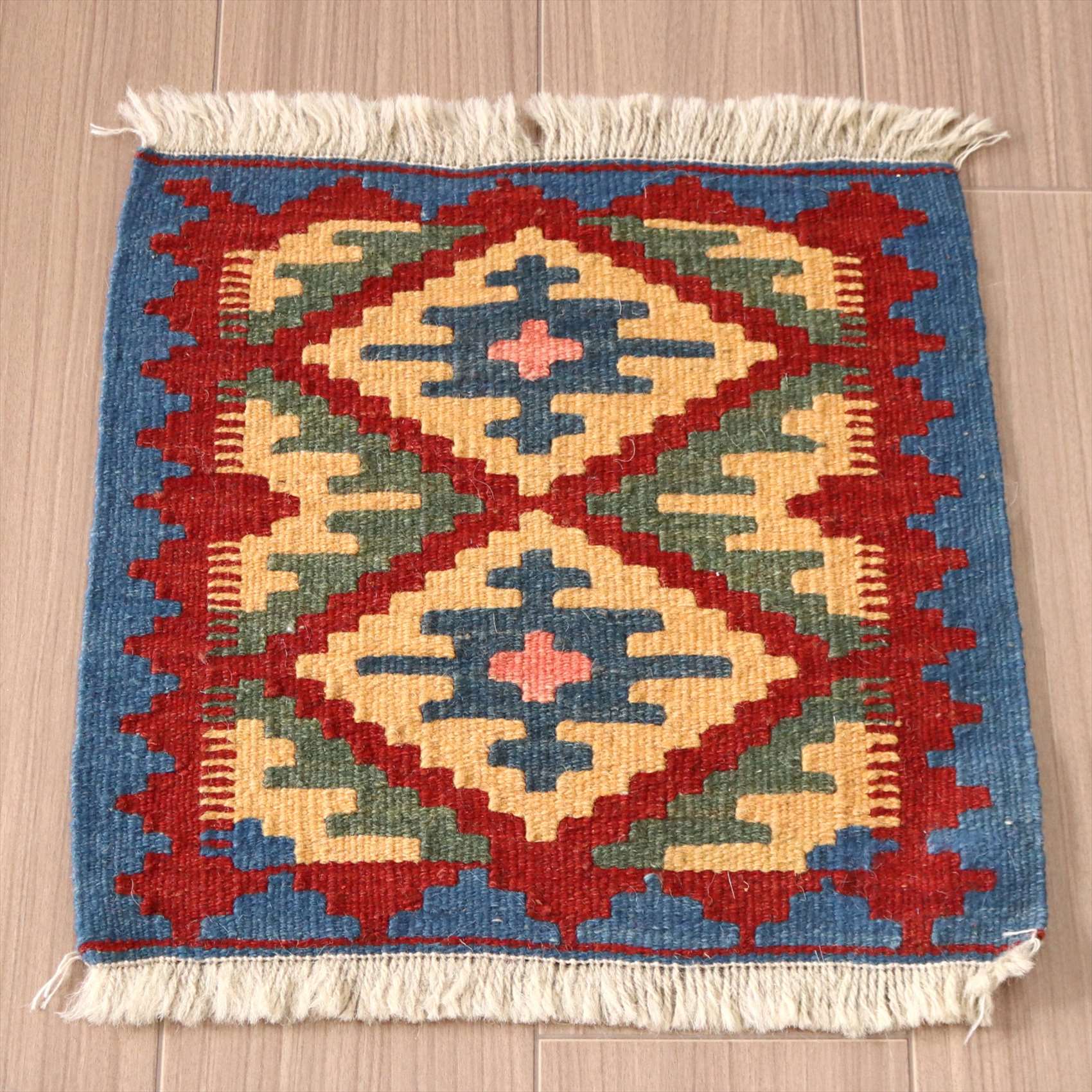 手織りキリム ミニキリム　イラン製38×40cm  カシュカイ族 ブルー