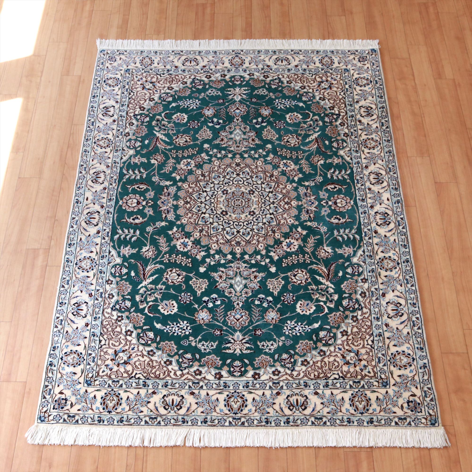 ペルシャ絨毯ナイン産6La　150×110cmグリーン/ベージュ　手織りウールラグ