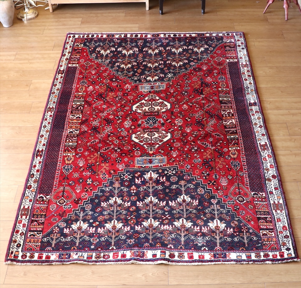 オールドラグ　カシュカイ族の手織り絨毯244×166cm レッド/ネイビー　部族絨毯