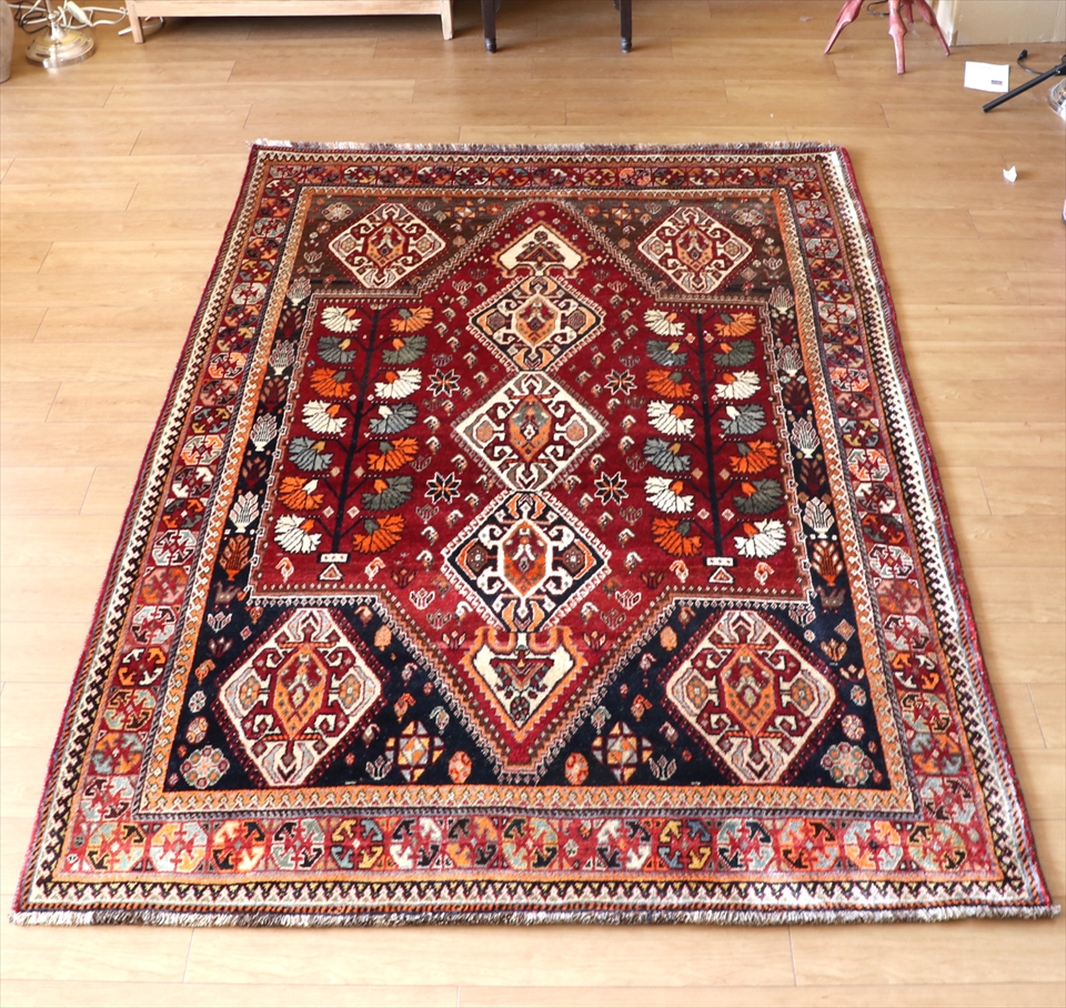オールドカーペット　部族絨毯/トライバルラグ234×163cm カシュカイ族　赤い変形メダリオン