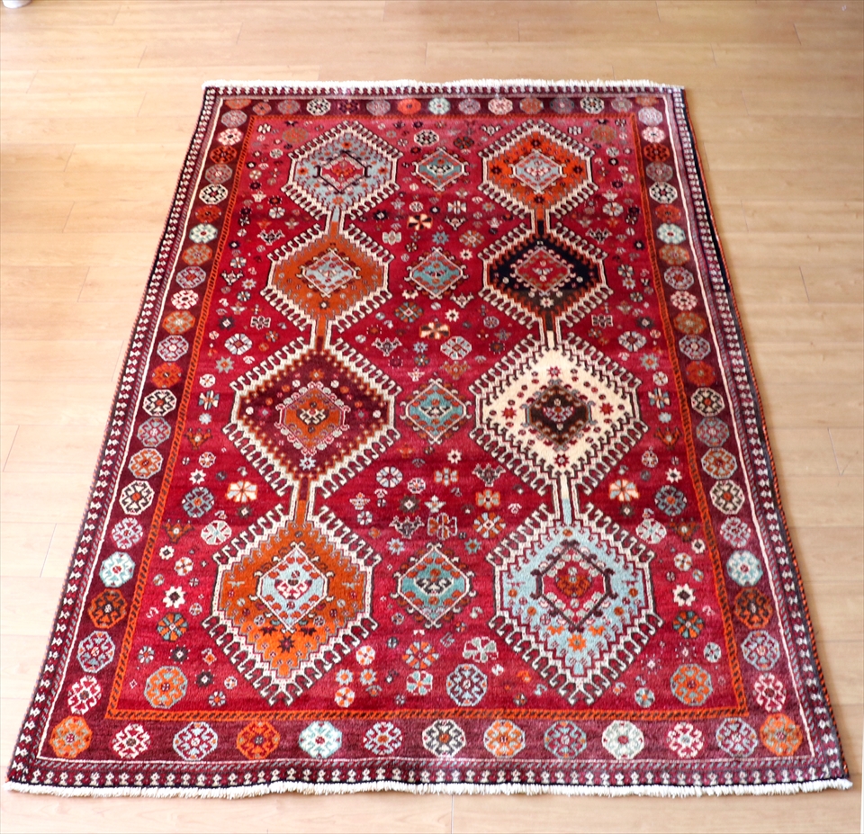 カシュカイ族の手織り絨毯・ギャッベ234×146cm レッド/ドラゴンの爪を持つ８つの六角形