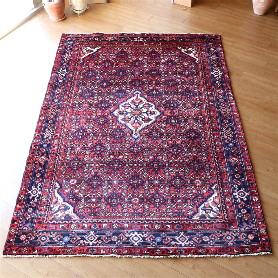 部族絨毯 トライバルラグ223x155cm ハマダン　イラン西部　レッド/ネイビー/ホワイト