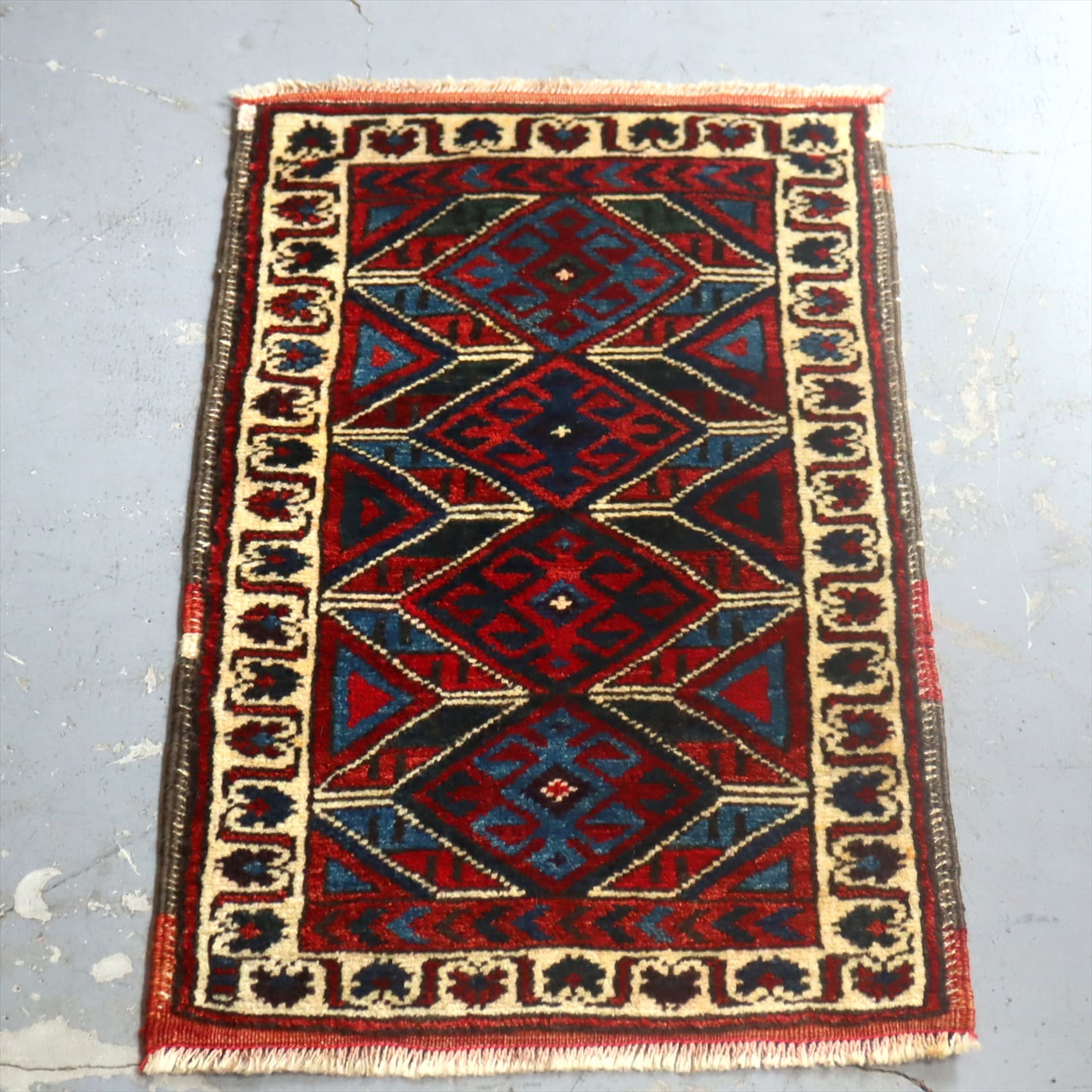 オールドカーペット　トルコ絨毯/ヤストゥク77×42cm ベルガマ　レッド＆ブルー