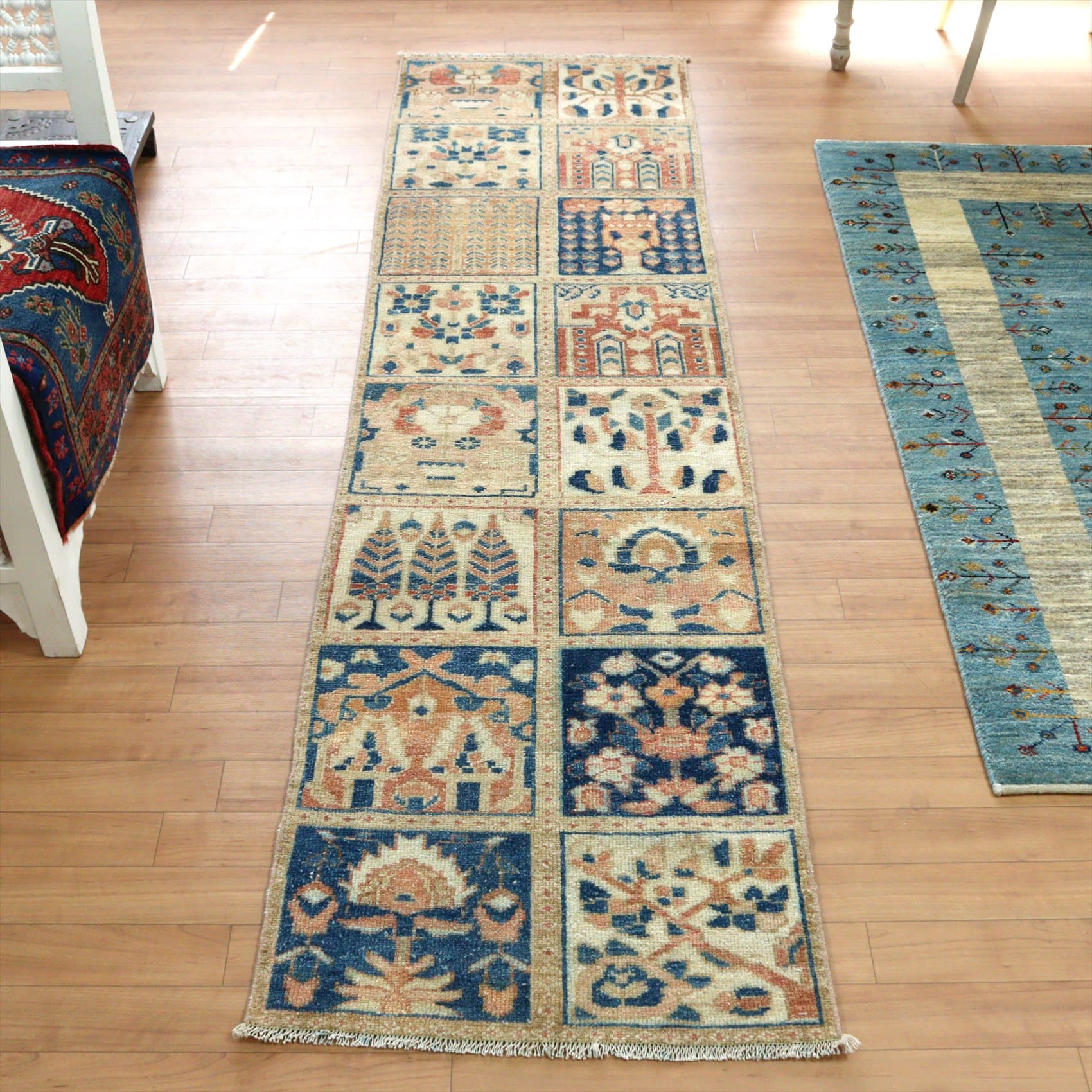 イランの手織り絨毯218×59cm タイル額ガーデンデザイン