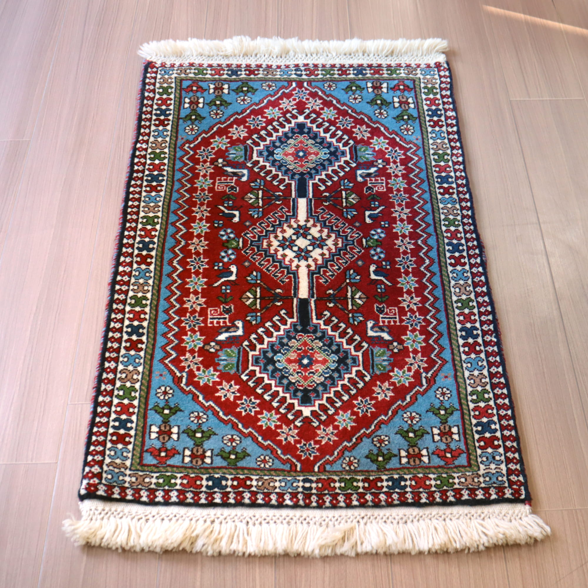 ヤラメ 部族絨毯 手織りラグ 102x62cm レッド ターコイズブルー