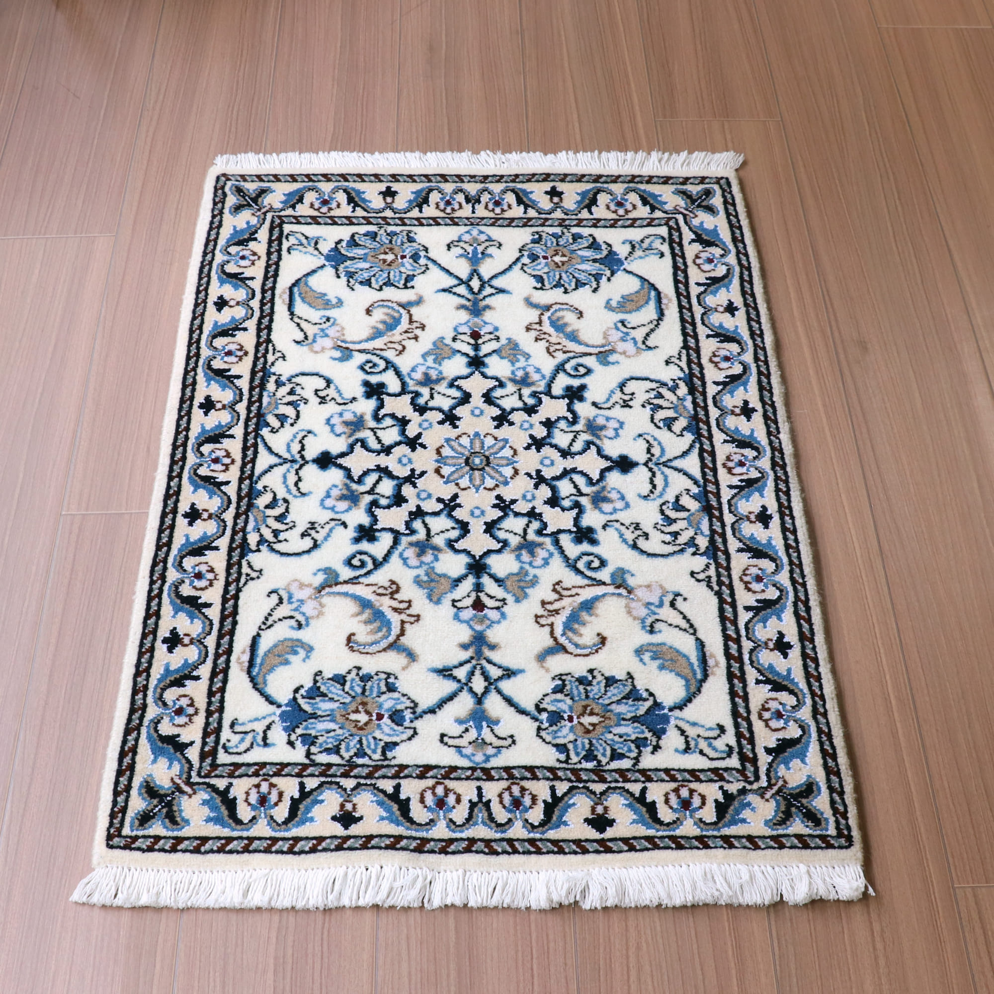 ペルシャ絨毯　ナイン産 12L88×60cm 花のアラベスク　アイボリー　玄関マットサイズ