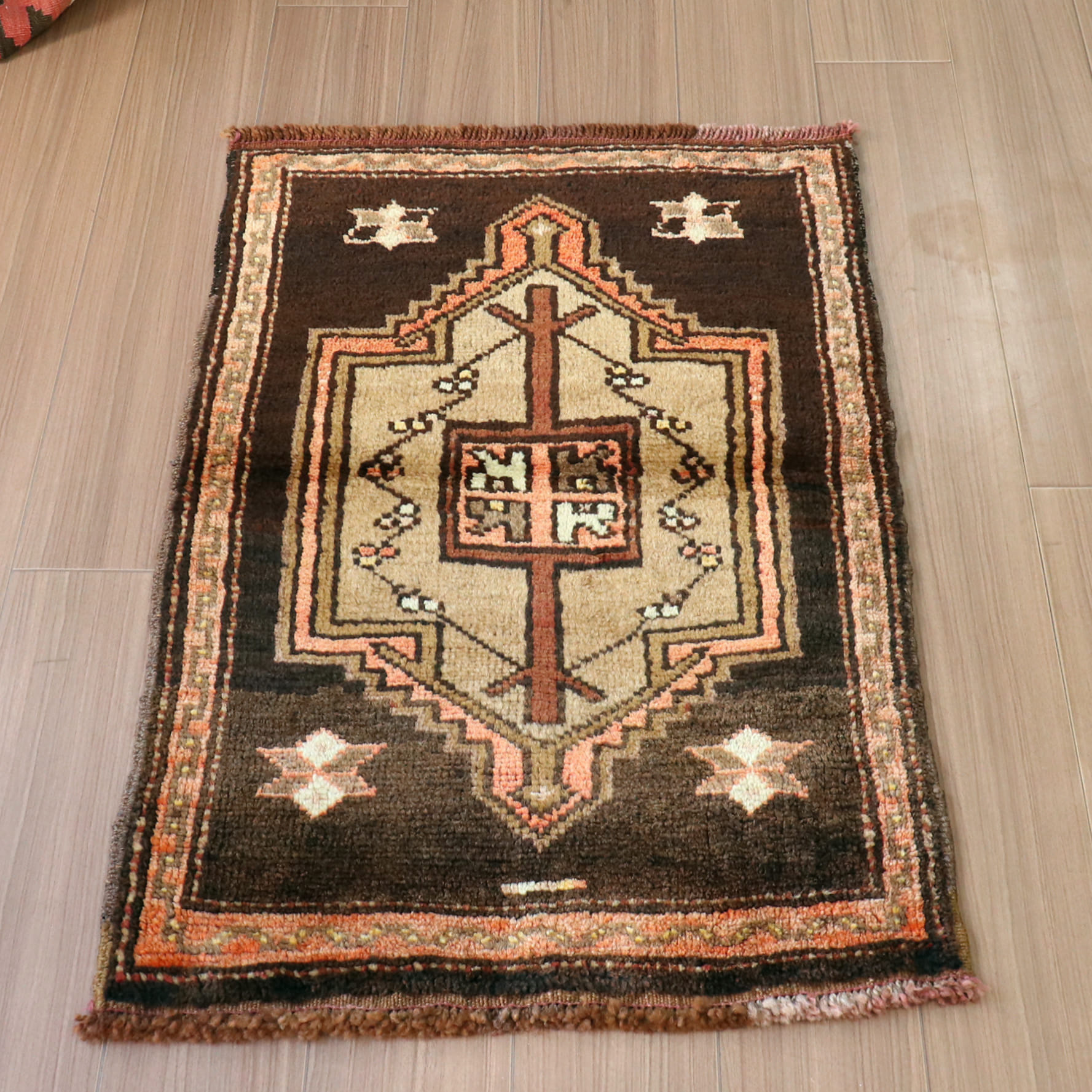 トライバルラグ ヴィンテージ　トルコ絨毯 93x66cm ブラウン系　ヤストゥク