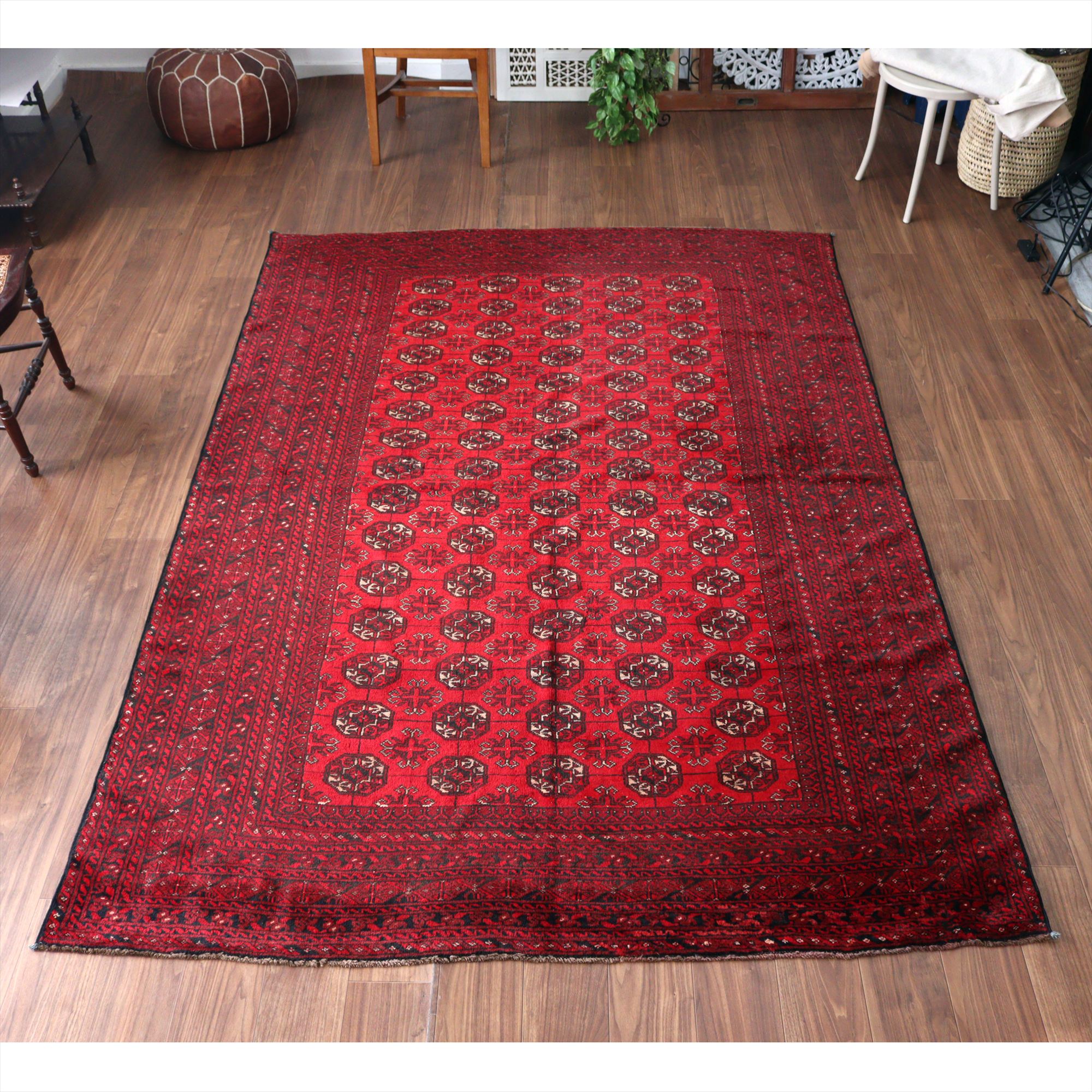 クンドゥズ アフガン絨毯266×185cm 連なる幾何学模様 レッド