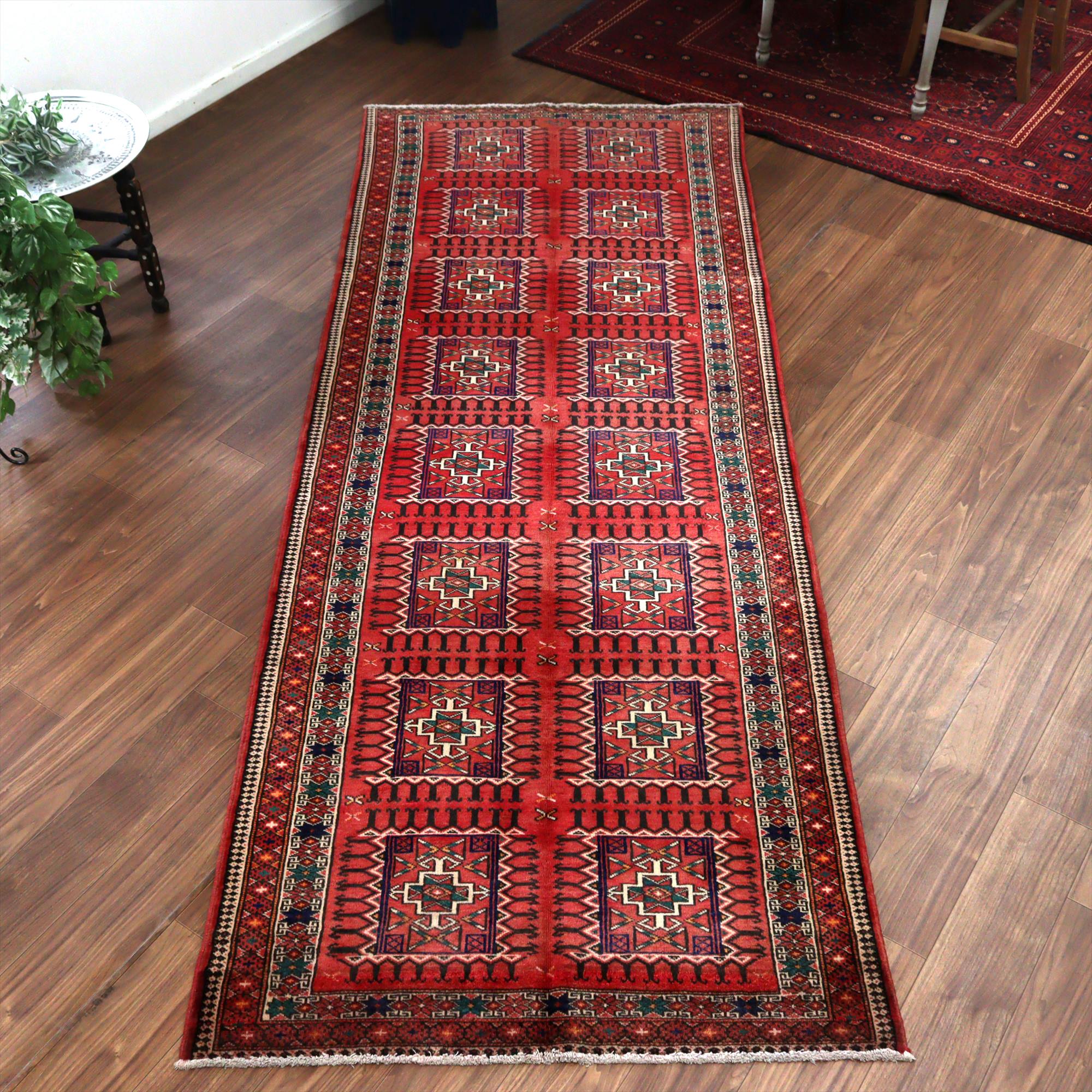 イランの手織りラグ トルクメン291×111cm 細長いサイズ 幾何学模様