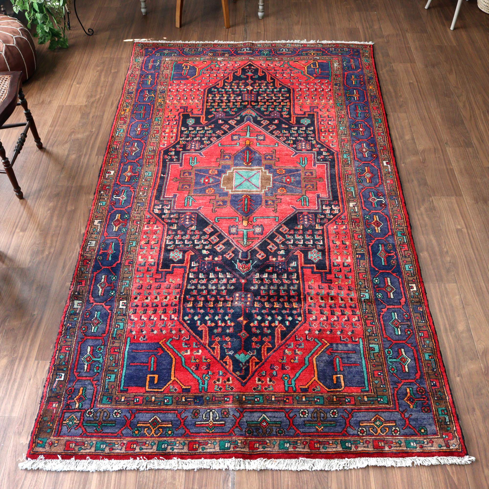 トライバルラグ シラーズ ハムセ279×151cm レッド＆ネイビー 六角メダリオン