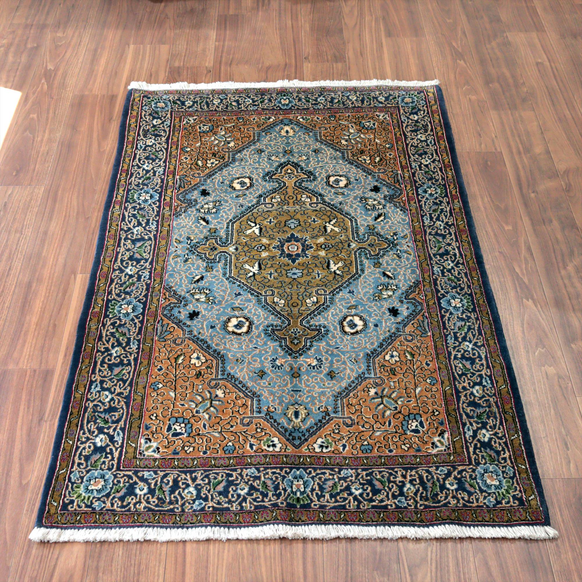 ペルシャ絨毯 シャヘレザー173×106cm 連なる花模様 ブラウン＆ネイビー 手織りラグ