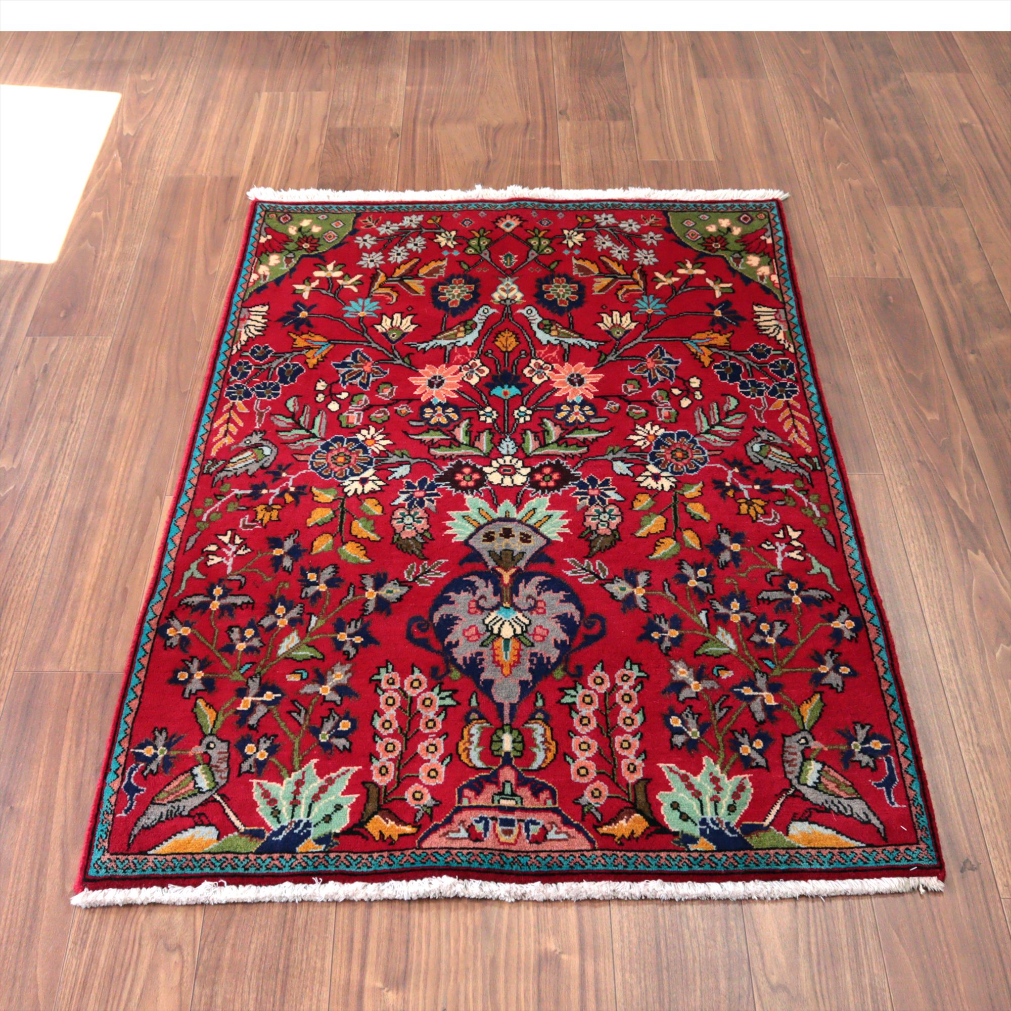 ペルシャ絨毯 タブリーズ146×100cm 鳥と花々 レッド 手織りラグ