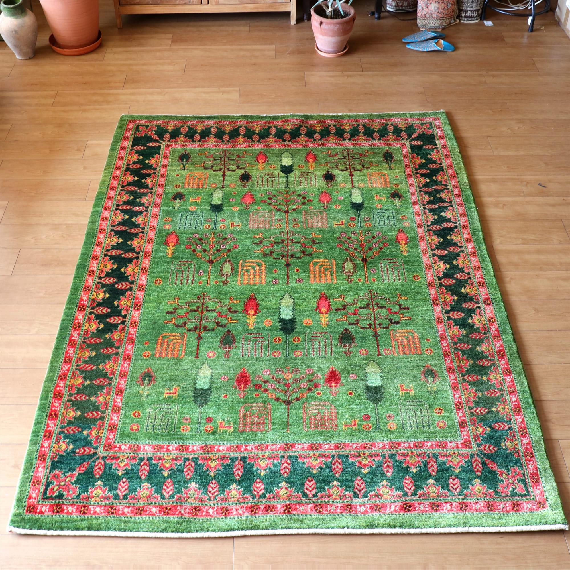 ギャッベ/Luribaft　最高級の織り207×156cmルリバフ・細かな織りの伝統柄リビングサイズグリーン・糸杉