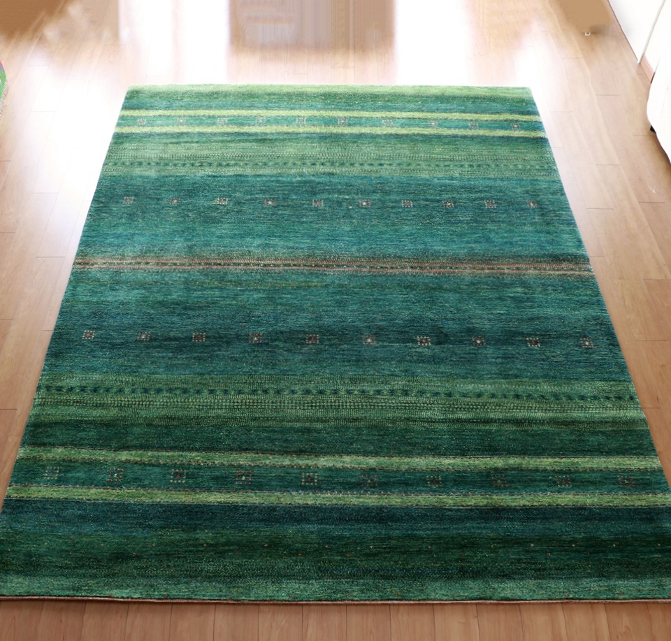【15%OFF】ギャッベ　ロリアタシュ　最上級の細かな織り 325x247cm 深いグリーンのストライプ