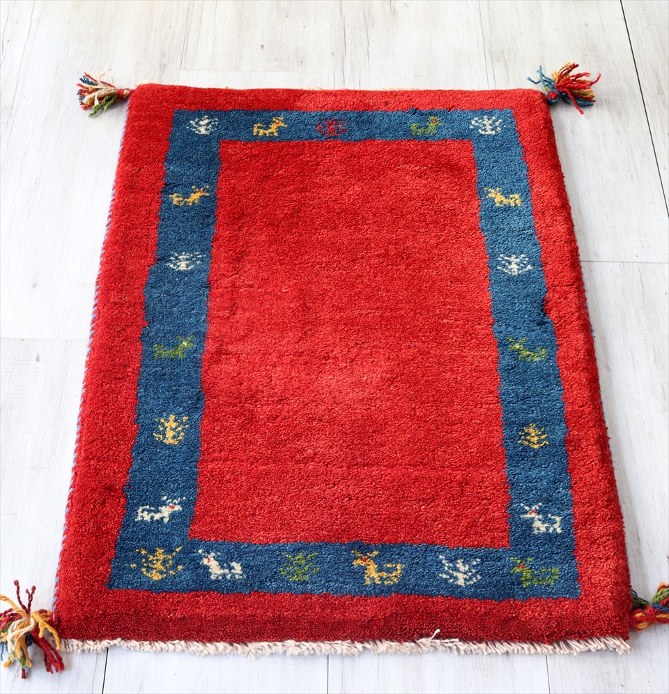ギャベ　玄関マット　イラン製手織りラグ87×62cm レッド＆ブルー　動物と植物モチーフ