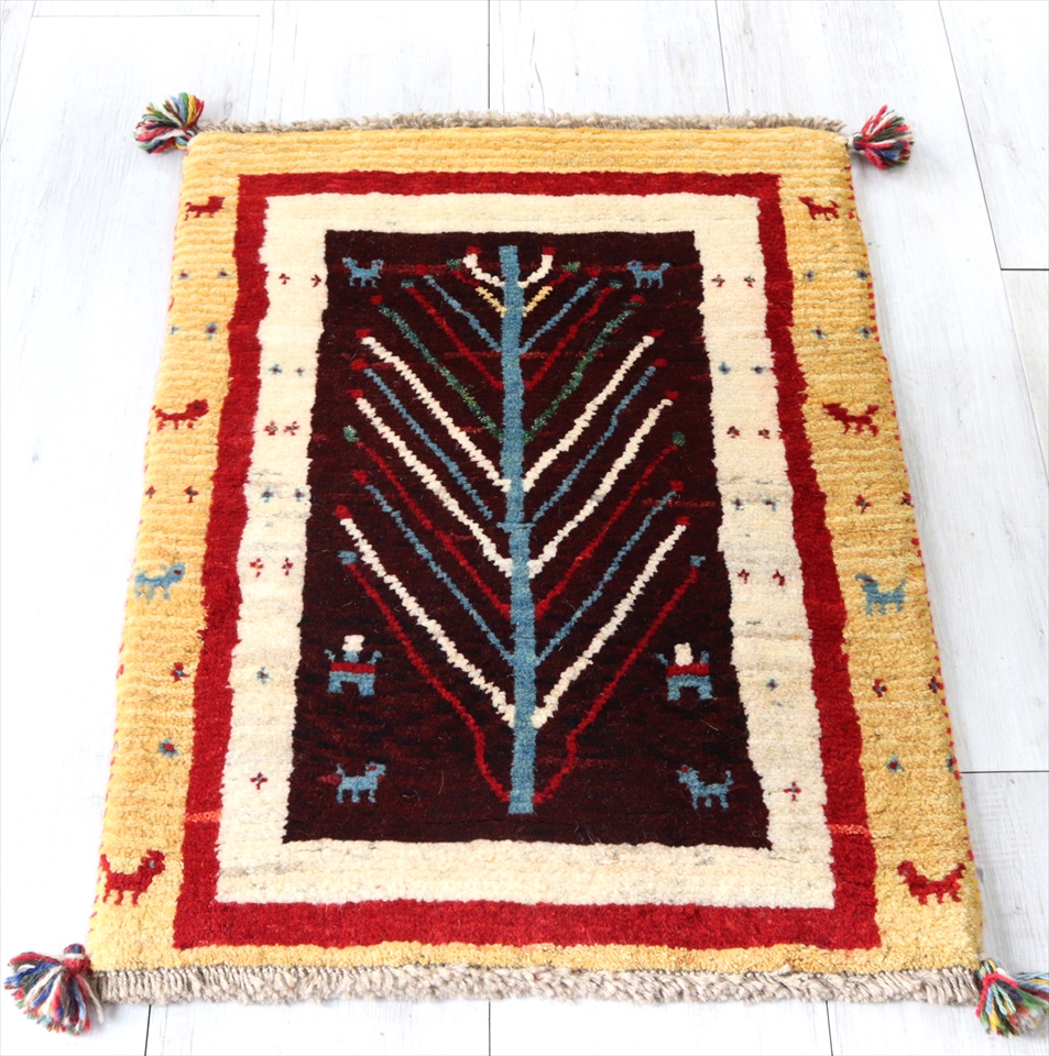 ギャッベ　玄関マット　イランの手織りラグ84×61cm カラフル　生命の樹　植物と動物のモチーフ