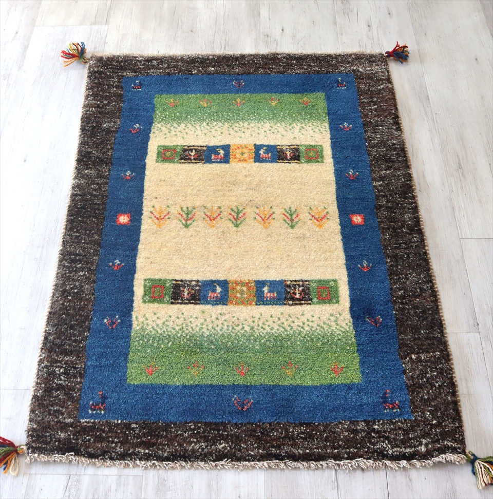 ギャッべ　玄関マット　イラン製手織りラグ　121×84cm ベージュ＆グリーン/ブルー＆ダークブラウン　タイル