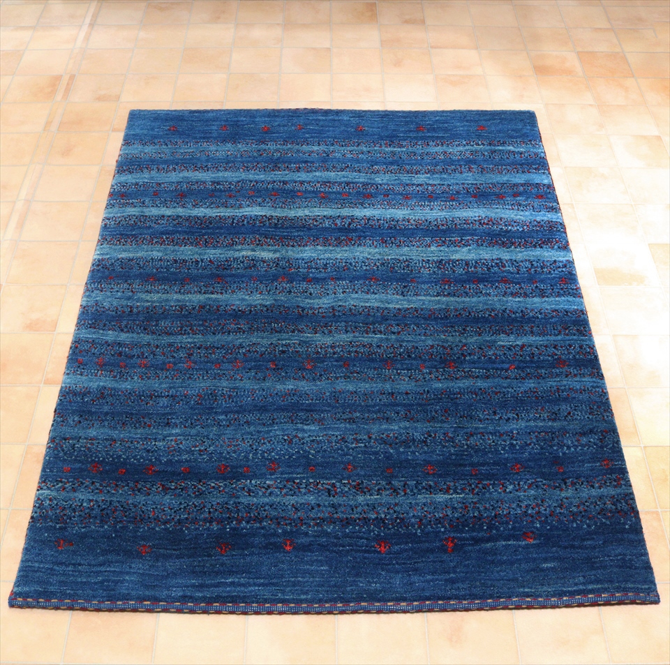 ギャッベ Gabbeh Banafsheh146×110cm ブルーのボーダー　整った細かな織り