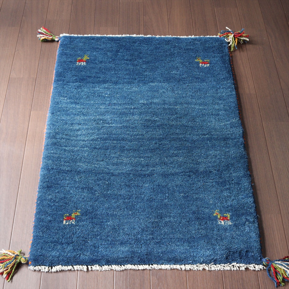 ギャッベ　イラン遊牧民の手織り　ブルー88×60cm シンプル