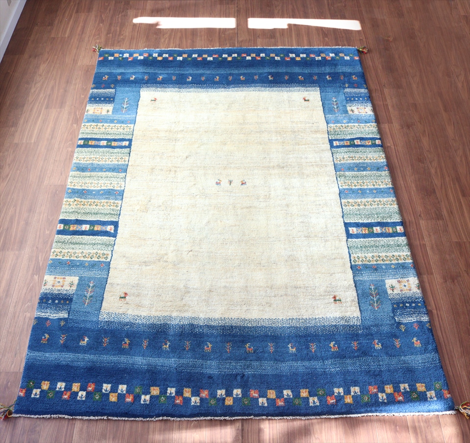 ギャッベ　スタンダードな織り292×206cm ブルー＆ナチュラルアイボリー