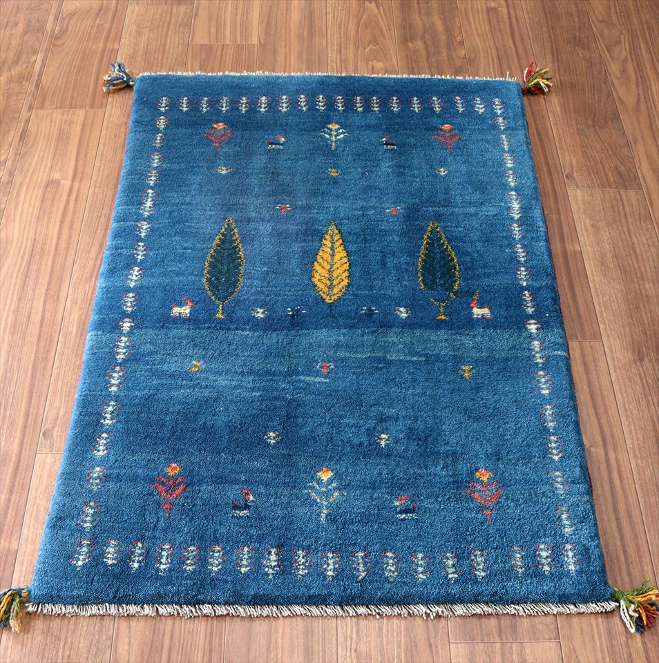 ギャッベ　イラン製手織りラグ121×80cm ブルー　糸杉の樹