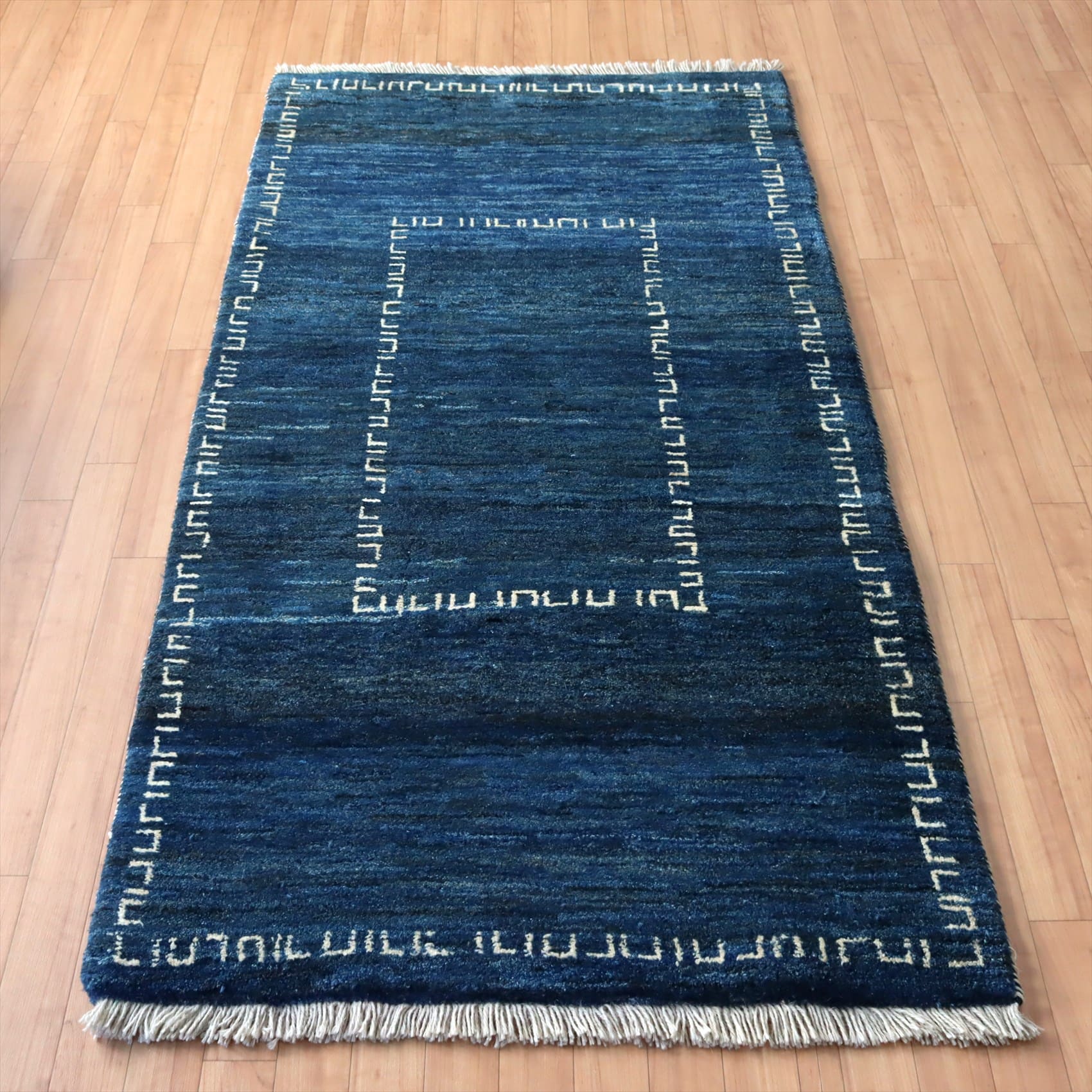 ギャッベ カシュカイ族の手織り198×100cm ブルー 幾何学模様
