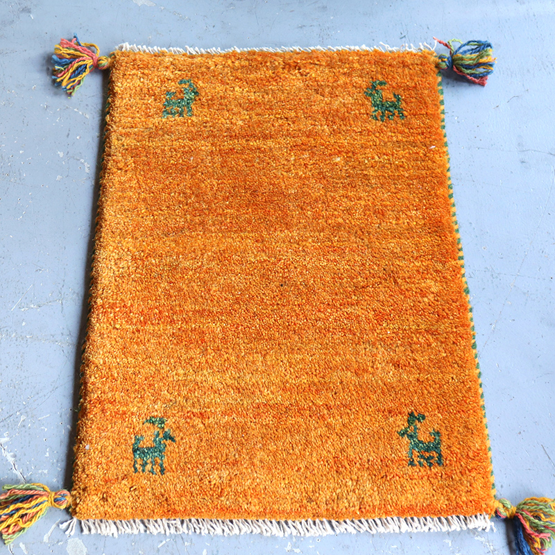 ミニギャッベ イランの手織りラグ GABBEH 58x41cm オレンジイエロー ４匹の動物