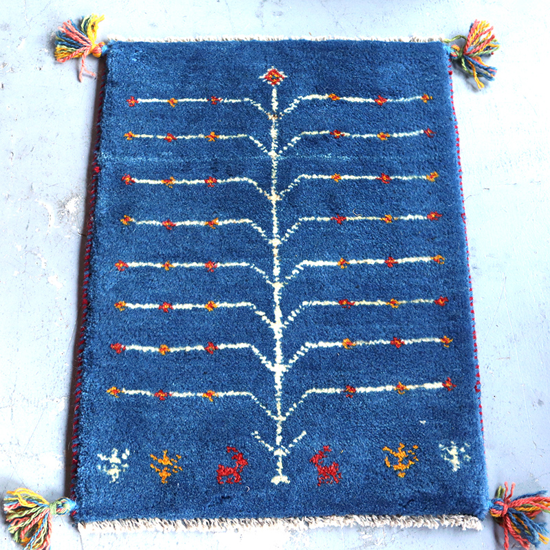ミニギャッベ イランの手織りラグ GABBEH 60x44cm ブルー 生命の樹