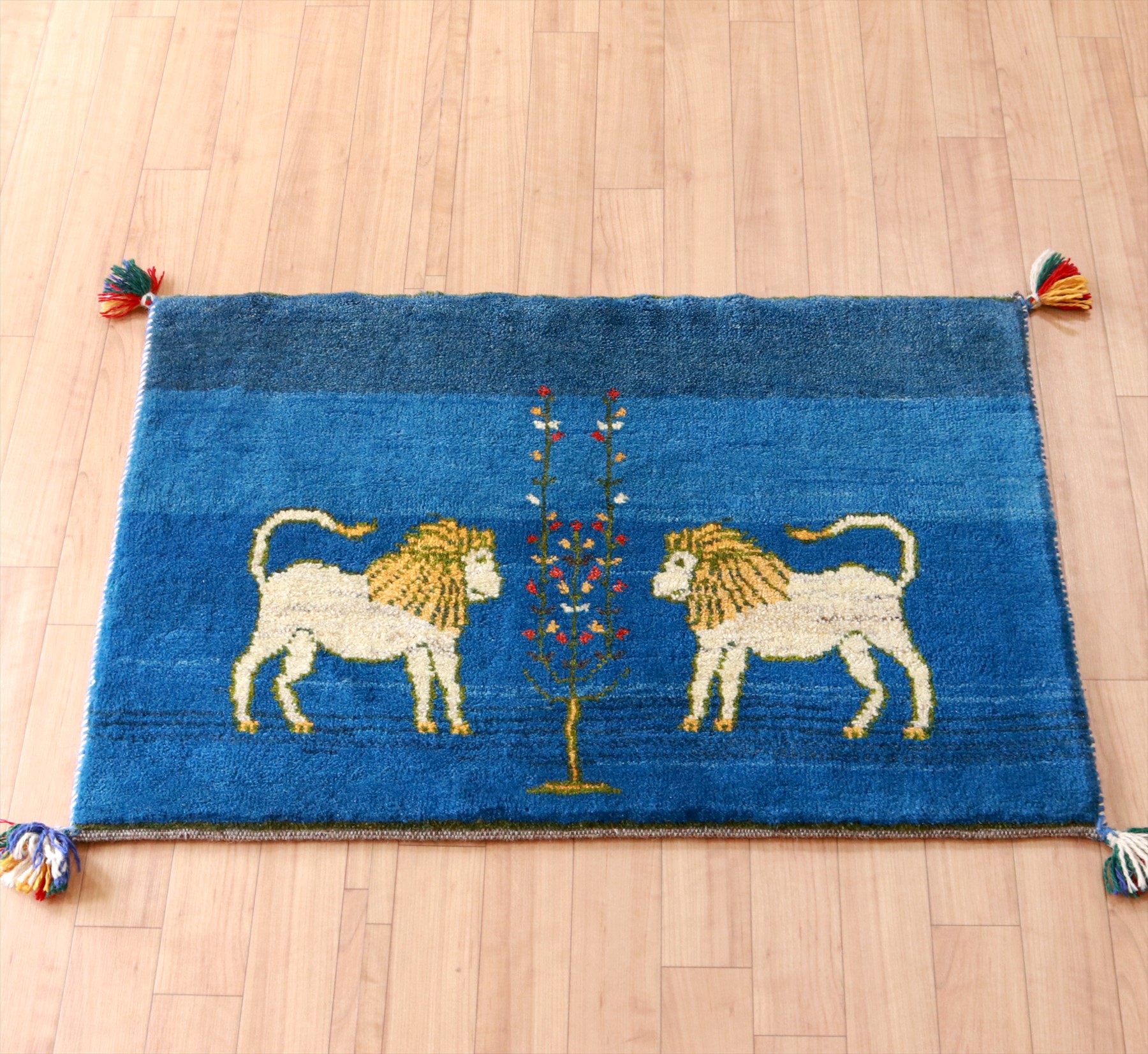 ライオンギャッベ 横長 玄関マット61×89cm ２頭のライオン　ブルー