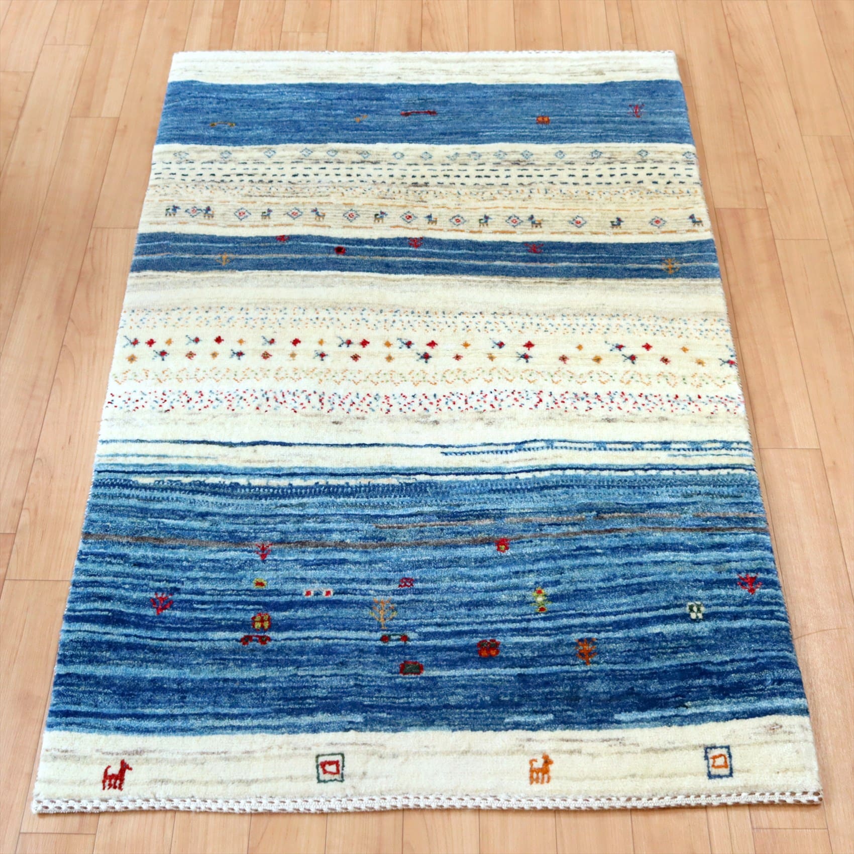 ギャッベ イラン産 手織りラグ127×80cm ブルー&アイボリー