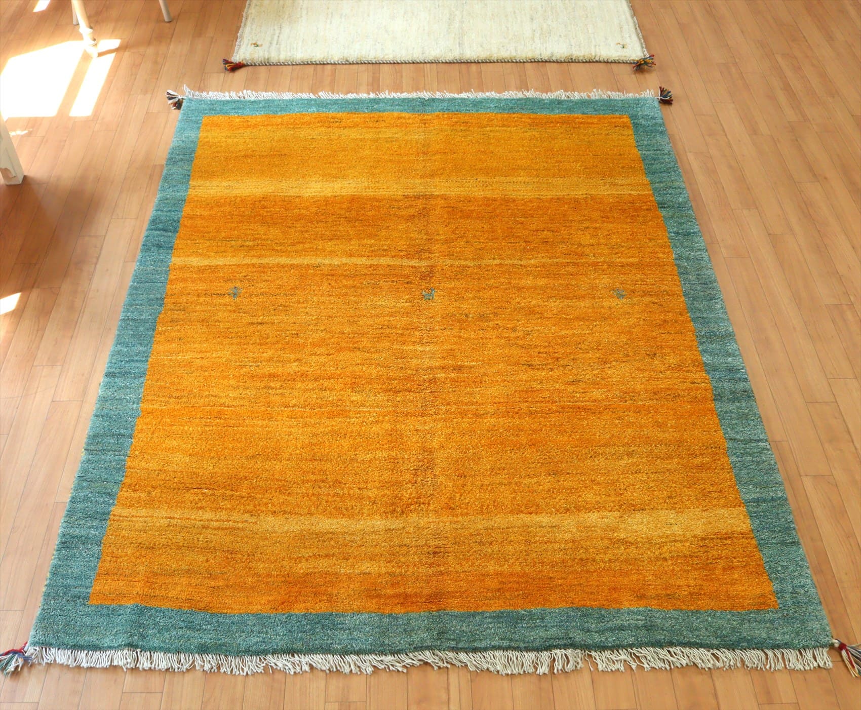 ギャッベ イランの手織りラグ193×153cm イエロー&ブルーグリーン