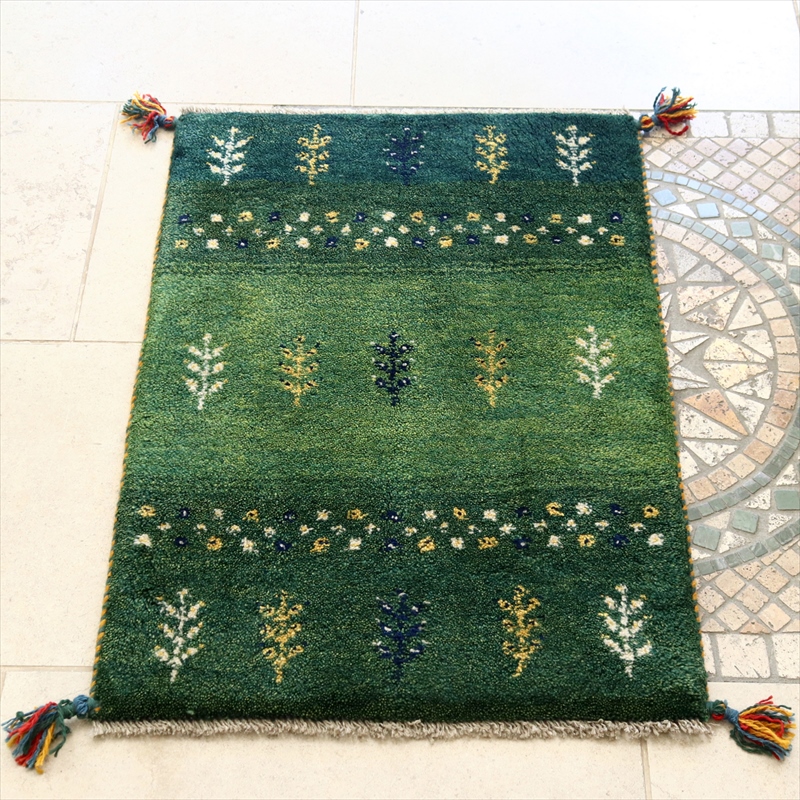 イランの手織りラグ ギャッベ 83×58cm 生命の樹 グリーン