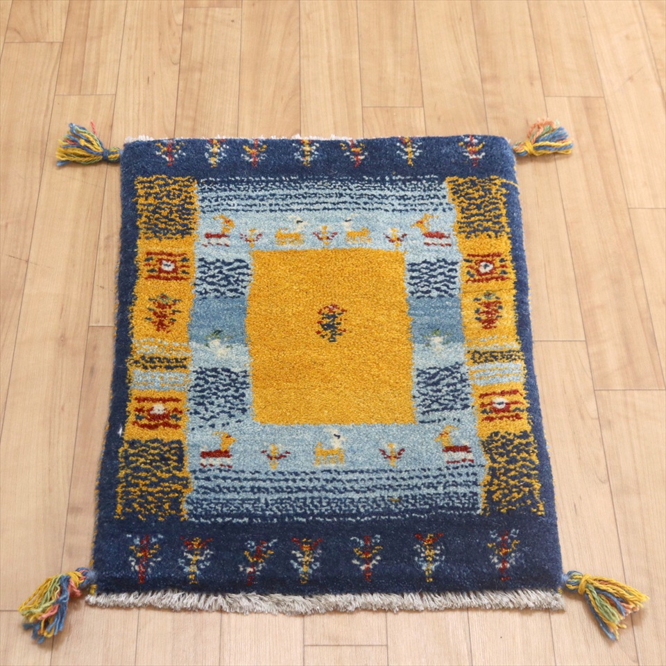 カシュカイ族の手織りラグ ギャッベ59×43cm ブルー&オレンジ
