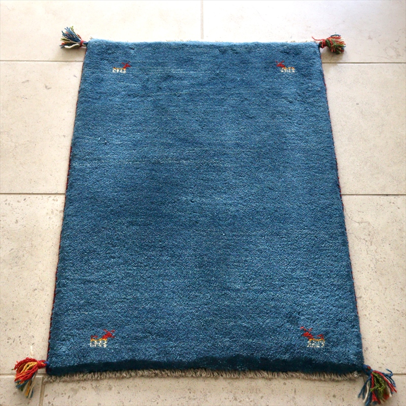 カシュカイ族の手織りラグ ギャッベ86×61cm ブルー シンプルモチーフ