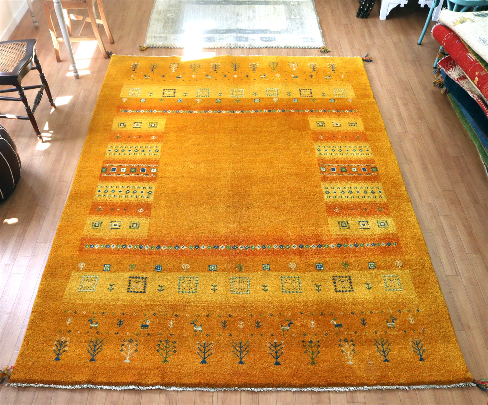 ギャッベ カシュカイ族の手織りラグ282×198cm オレンジグラデーション