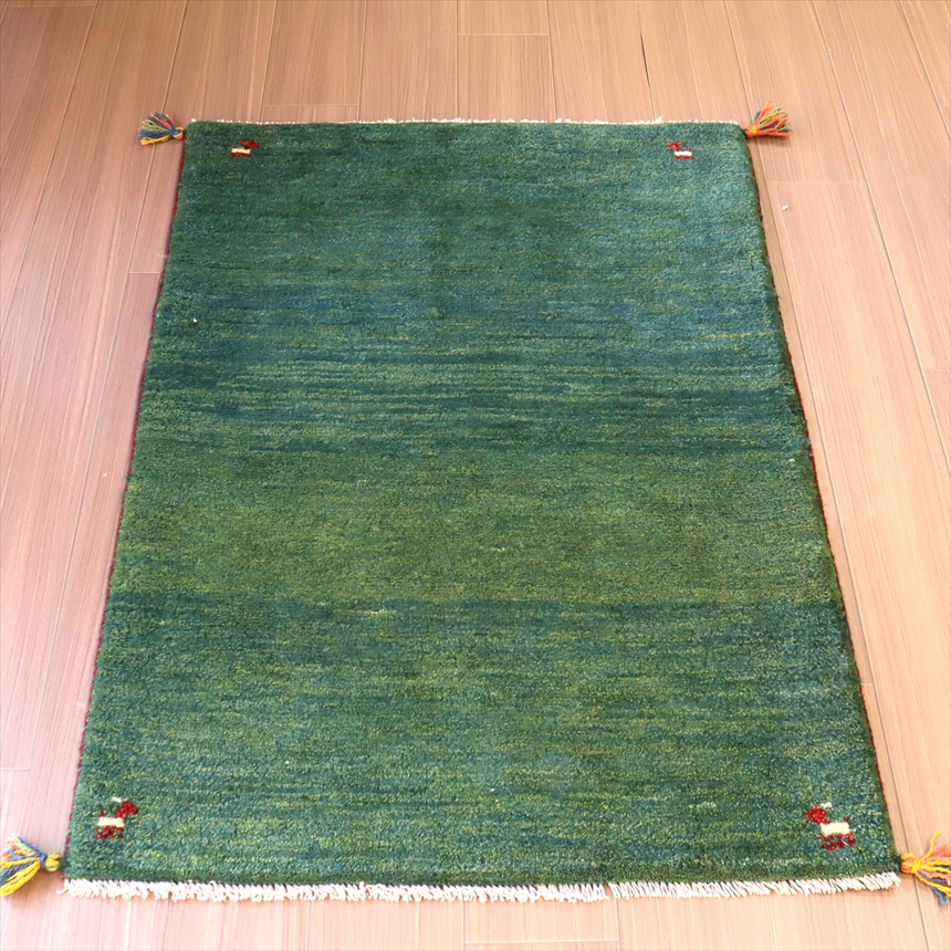 カシュカイ族の手織りラグ ギャッベ128×85cm グリーン シンプルデザイン